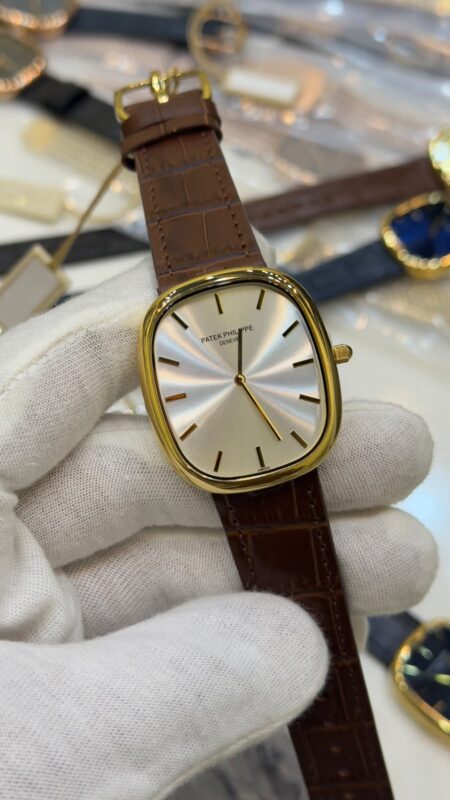 Patek-Phillipe-Ellipse-Silver-Dial-Brown-Leather-Strap-Gold
