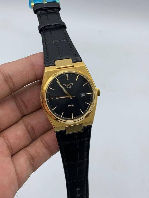 Tissot-Prx-Black-Dial-Quartz-Leather-Strap-Gold