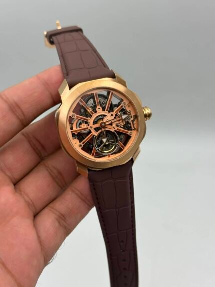Bvlgari-Octo-Roma-Naturalia-Tourbillon-Skeleton-Brwon-Leather-Strap-Rose-Gold