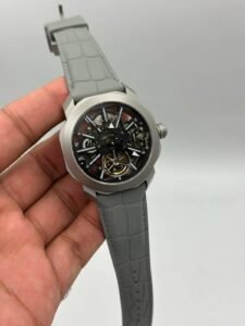 Bvlgari-Octo-Roma-Tourbillon-Sapphire-Skeleton-Grey-Leather-Strap-Silver