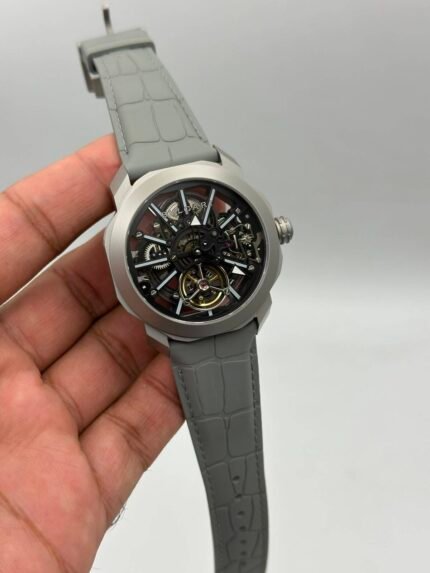 Bvlgari-Octo-Roma-Tourbillon-Sapphire-Skeleton-Grey-Leather-Strap-Silver