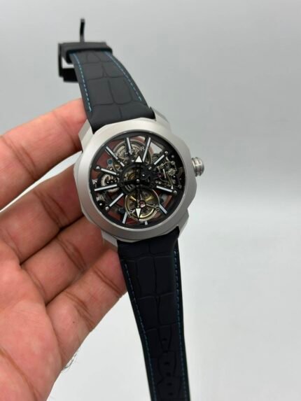 Bvlgari-Octo-Roma-Tourbillon-Sapphire-Skeleton-Black-Leather-Starp-Silver