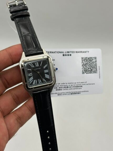 Cartier-Santos-Dumont-Black-Dial-Black-Leather-Strap-Silver