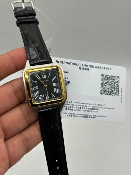 Cartier-Santos-Dumont-Black-Dial-Black-Leather-Strap-Gold