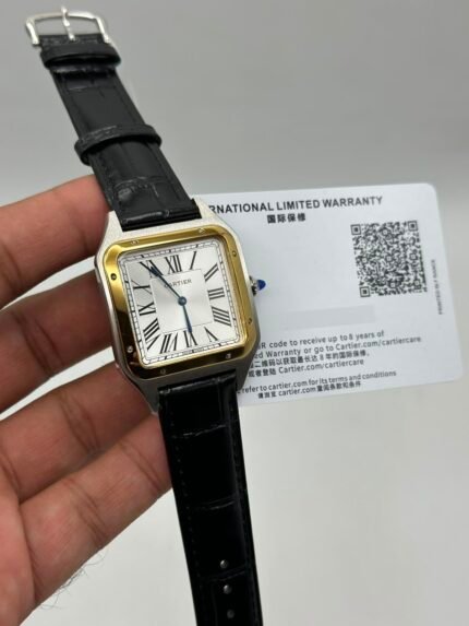 Cartier-Santos-Dumont-Black-White-Black-Leather-Strap-Gold