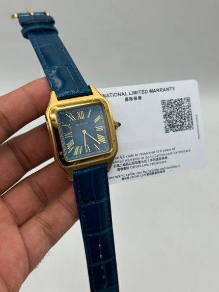 Cartier-Santos-Dumont-Blue-Dial-Blue-Leather-Strap-Gold