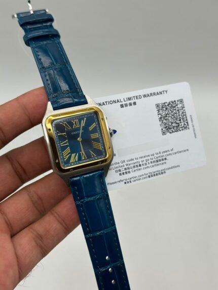 Cartier-Santos-Dumont-Blue-Dial-Blue-Leather-Strap-Gold