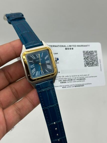 Cartier-Santos-Dumont-Blue-Dial-Blue-Leather-Strap-Gold