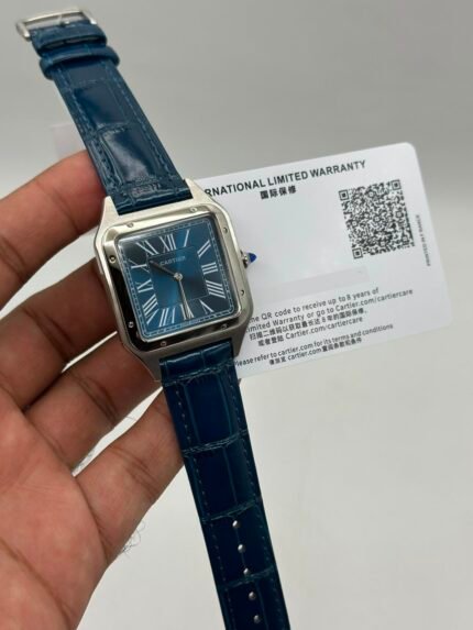 Cartier-Santos-Dumont-Blue-Dial-Blue-Leather-Strap-Silver
