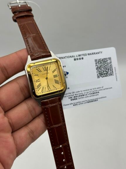 Cartier-Santos-Dumont-Gold-Dial-Brown-Leather-Strap-Gold