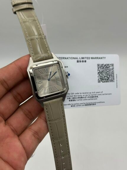 Cartier-Santos-Dumont-Grey-Dial-Grey-Leather-Strap-Silver