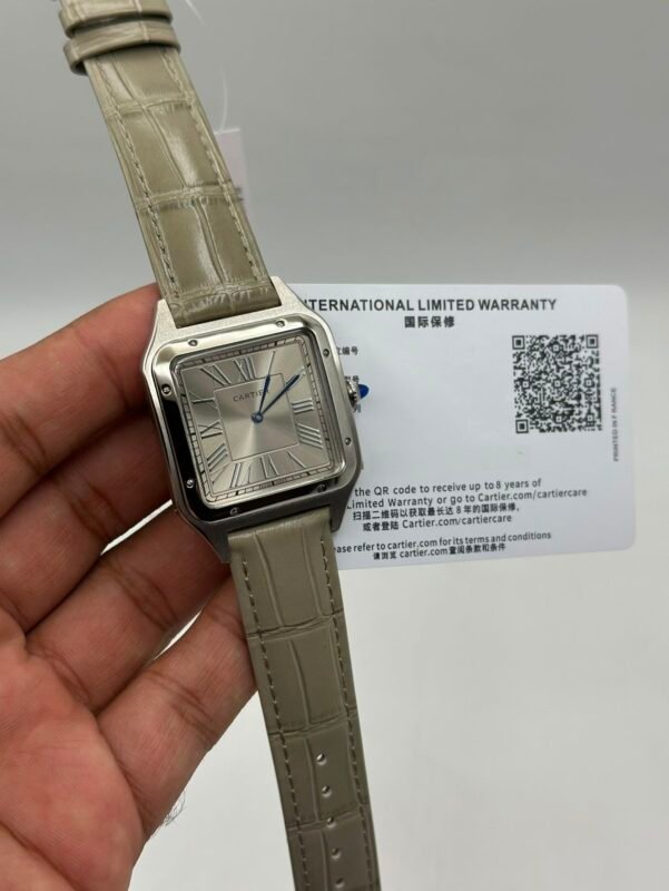 Cartier-Santos-Dumont-Grey-Dial-Grey-Leather-Strap-Silver