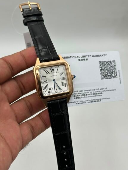 Cartier-Santos-Dumont-White-Dial-Black-Leather-Strap-Gold