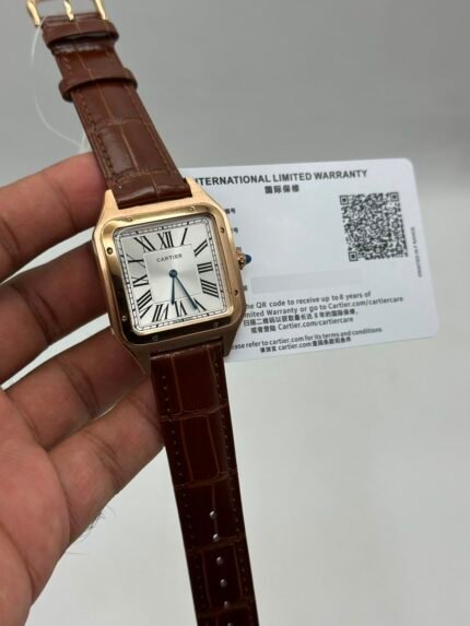 Cartier-Santos-Dumont-White-Dial-Brown-Leather-Strap-Rose-Gold