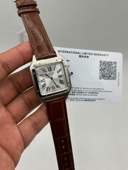 Cartier-Santos-Dumont-White-Dial-Brown-Leather-Strap-Silver