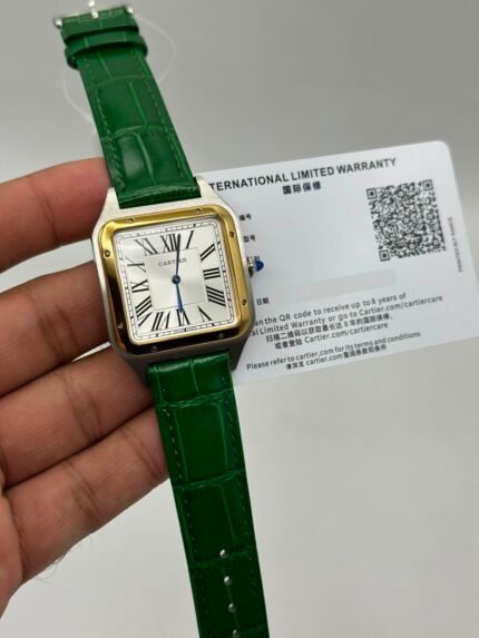 Cartier-Santos-Dumont-White-Dial-Green-Leather-Strap-Gold