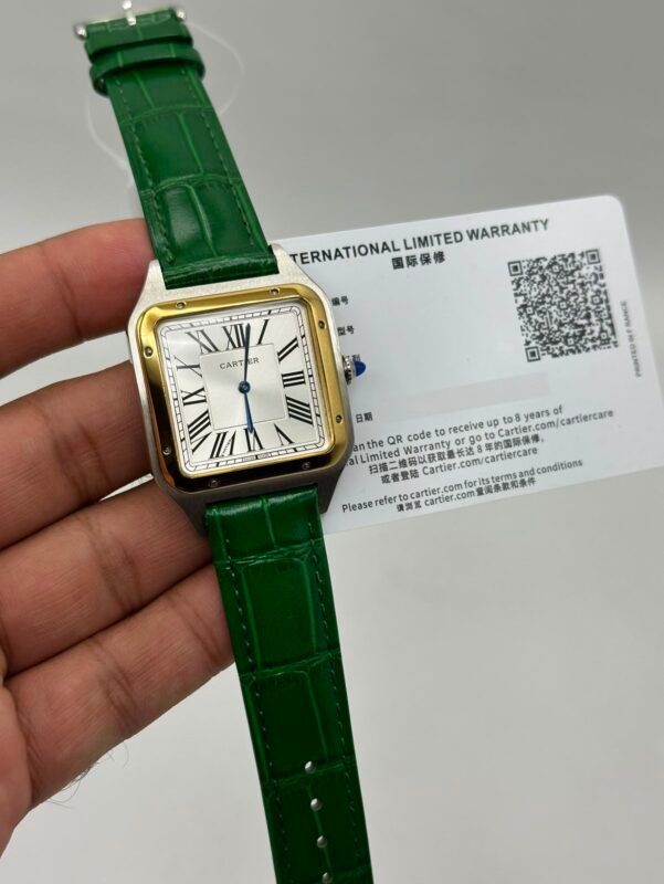 Cartier-Santos-Dumont-White-Dial-Green-Leather-Strap-Gold