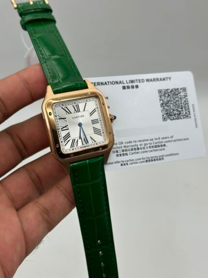 Cartier-Santos-Dumont-White-Dial-Green-Leather-Strap-Rose-Gold