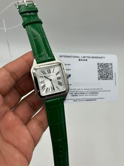 Cartier-Santos-Dumont-White-Dial-Green-Leather-Strap-Silver
