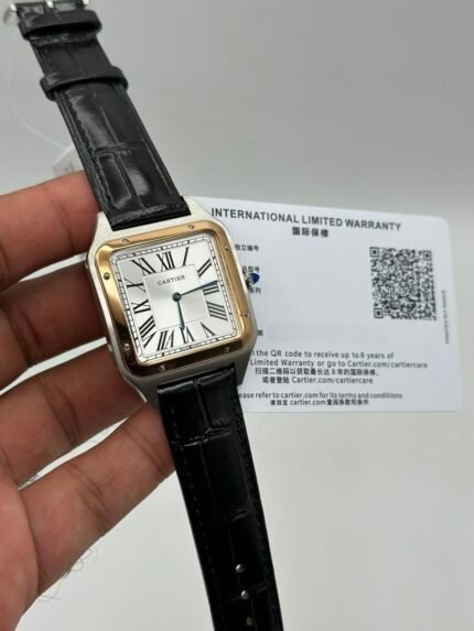 Cartier-Santos-Dumont-White-Dial-Black-Leather-Strap-Rose-Gold
