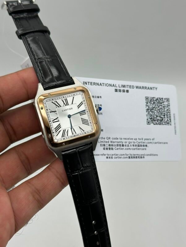 Cartier-Santos-Dumont-White-Dial-Black-Leather-Strap-Rose-Gold