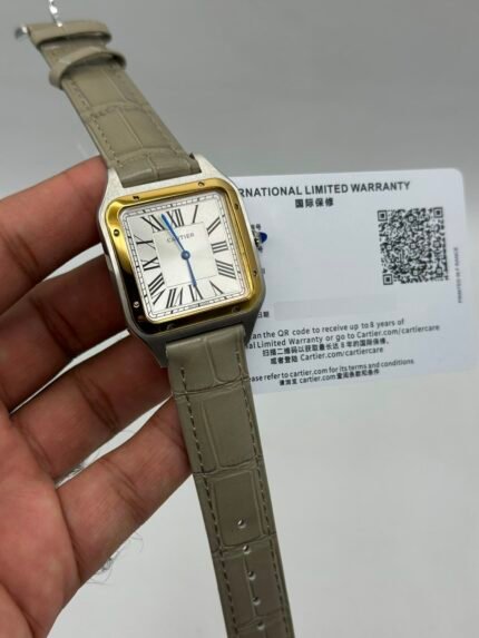 Cartier-Santos-Dumont-White-Dial-Grey-Leather-Strap-Gold