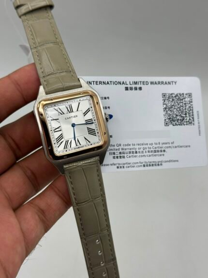 Cartier-Santos-Dumont-White-Dial-Grey-Leather-Strap-Rose-Gold