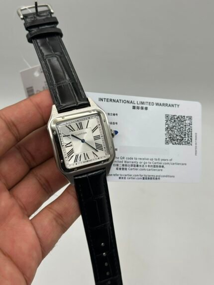 Cartier-Santos-Dumont-White-Dial-Black-Leather-Strap-Silver