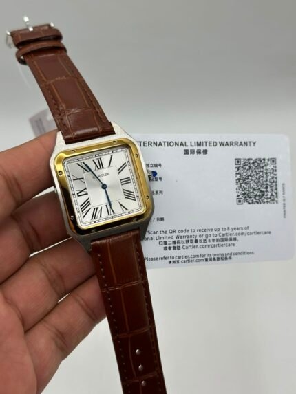 Cartier-Santos-Dumont-White-Dial-Blrown-Leather-Strap-Gold