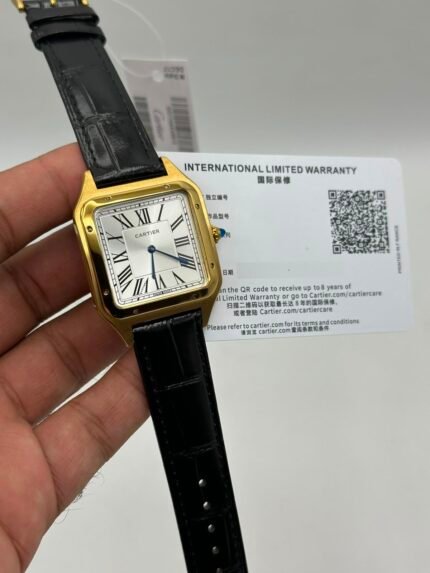 Cartier-Santos-Dumont-White-Dial-Black-Leather-Strap-Gold