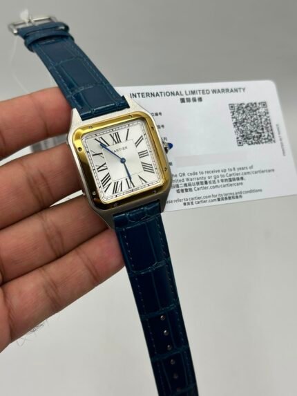 Cartier-Santos-Dumont-White-Dial-Blue-Leather-Strap-Gold