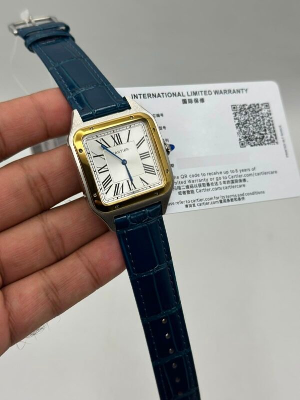 Cartier-Santos-Dumont-White-Dial-Blue-Leather-Strap-Gold