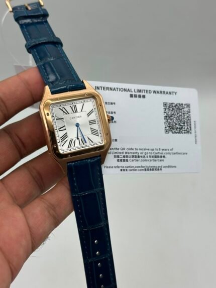 Cartier-Santos-Dumont-White-Dial-Blue-Leather-Strap-Rose-Gold