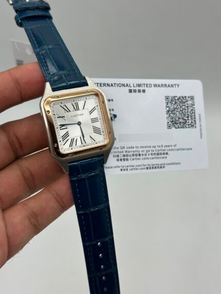 Cartier-Santos-Dumont-White-Dial-Blue-Leather-Strap-Rose-Gold