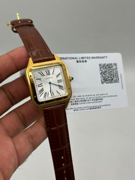 Cartier-Santos-Dumont-White-Dial-Brown-Leather-Strap-Gold