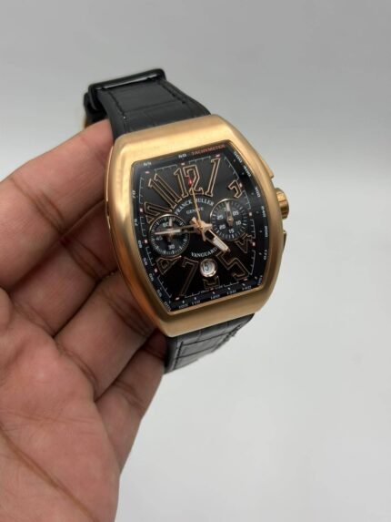 Franck-Muller-Vanguard-Black-Dial-Chronograph-Leather-Strap-Rose-Gold