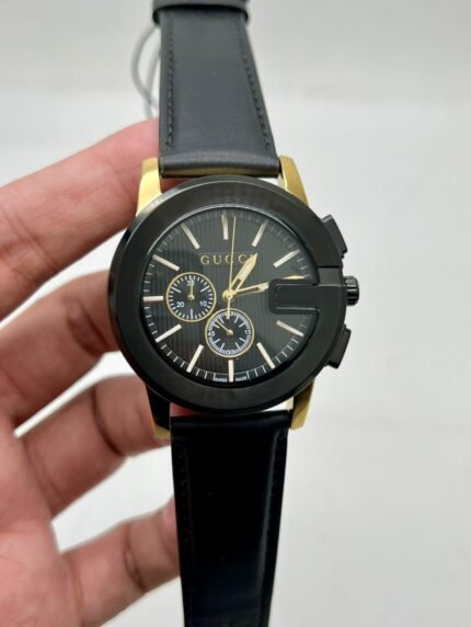 Gucci-G-Black-Dial-Chronograph-Leather-Strap