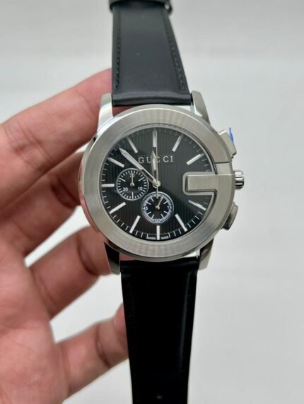 Gucci-g-black-dial-chronograph-leather-strap