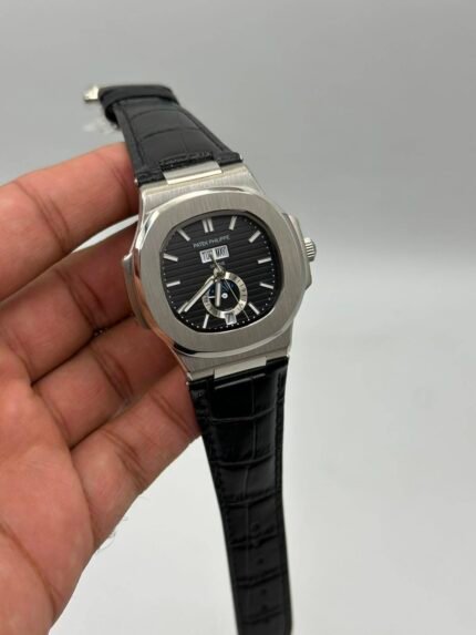 Patek-Philippe-Nautilus-Annual-Calendar-Black-Dial-Black-Leather-Strap-Silver