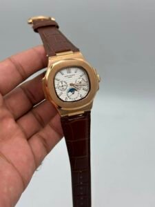 Patek-Philippe-Nautilus-Annual-Calendar-White-Dial-Brown-Leather-Strap-Rose-Gold