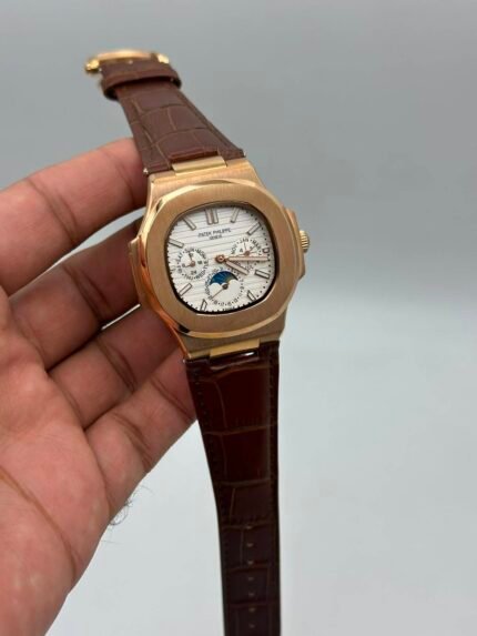 Patek-Philippe-Nautilus-Annual-Calendar-White-Dial-Brown-Leather-Strap-Rose-Gold