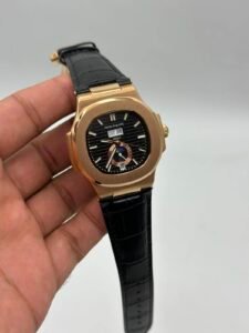 Patek-Philippe-Nautilus-Annual-Calendar-Black-Dial-Black-Leather-Strap-Rose-Gold