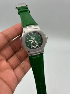 Patek-Philippe-Nautilus-Annual-Calendar-Green-Dial-Green-Leather-Strap-Silver
