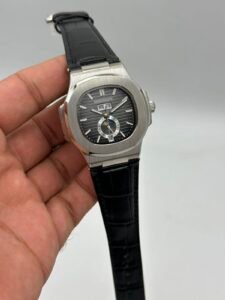 Patek-Philippe-Nautilus-Annual-Calendar-Grey-Dial-Black-Leather-Strap-Silver