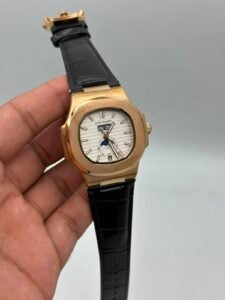 Patek-Philippe-Nautilus-Annual-Calendar-White-Dial-Black-Leather-Strap-Rose-Gold