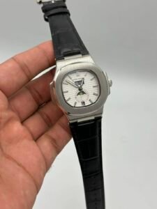 Patek-Philippe-Nautilus-Annual-Calendar-White-Dial-Black-Leather-Strap-Silver