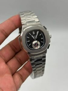 Patek-Philippe-Nautilus-Black-Dial-Chronograph-Silver