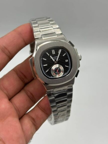 Patek-Philippe-Nautilus-Black-Dial-Chronograph-Silver