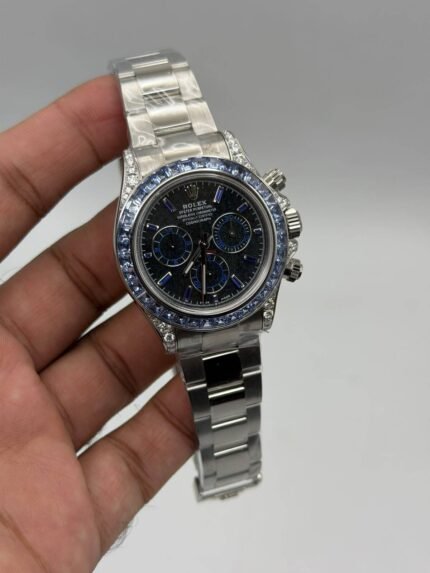 Rolex-Daytona-White-Gold-Diamonds-Baguette-Sapphire-Bezel-Silver-Sheen-Obsidian-Dial