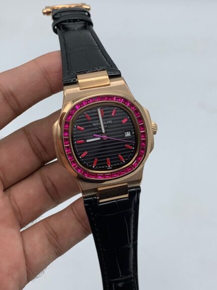 Patek-Philippe-Nautilus-Black-Dial-Diamond-Bazel-Black-Leather-Strap-Rose-Gold